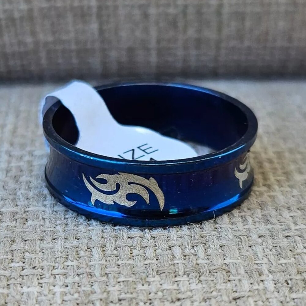Blue Tone Rings Unisex Rings Stainless Steel Blue Enamel Jewelry Size 11